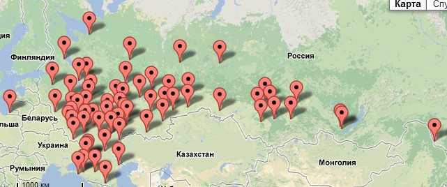 Карта России и расположение центров слухопротезирования Карта России и расположение центров слухопротезирования